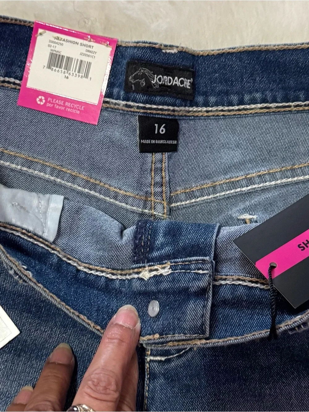 Jordache Dark Blue Denim Shorts adjustable size 16 Waist with White Lace Hem